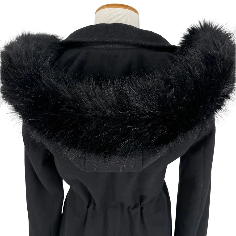 Laundry By Shelli Segal Black Wool Faux Fur Trim Hooded Coat | Cozy Quiet Luxury - Picture 8 of 16